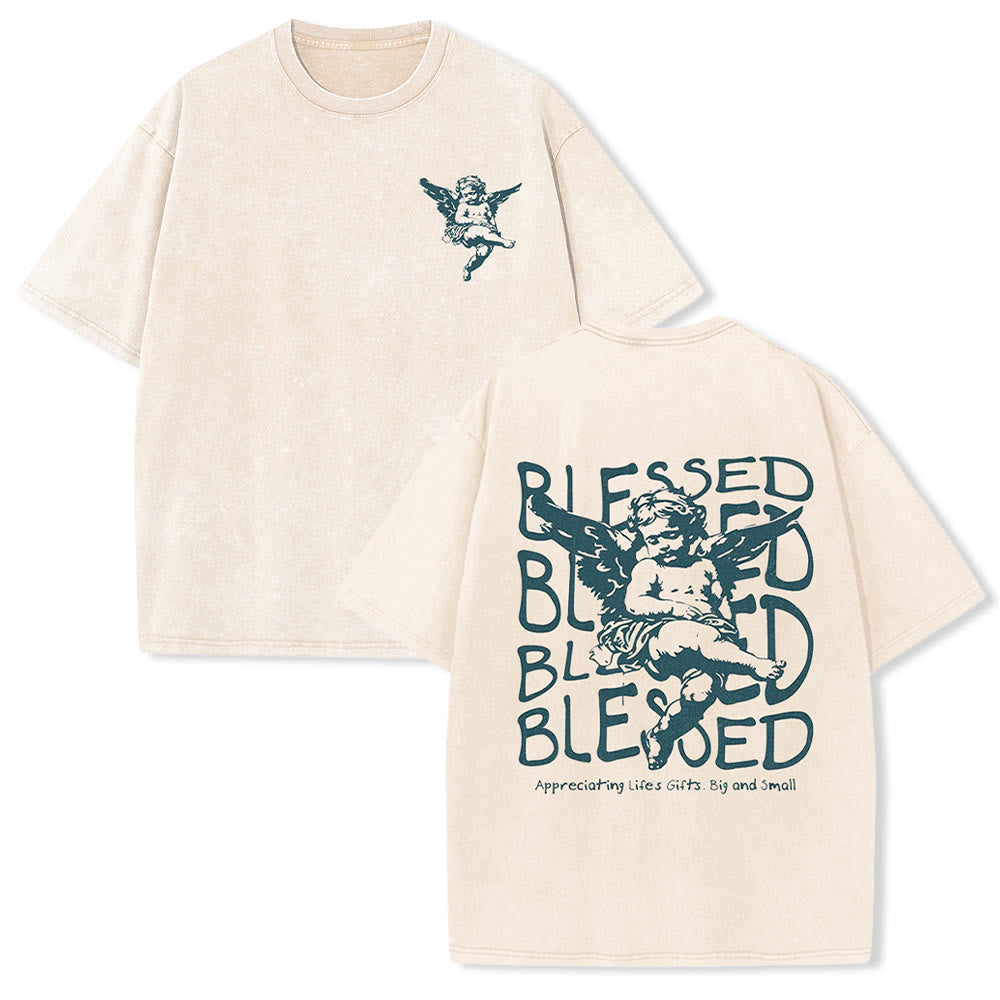 Christianartworkshop Inspired Blessed T-Shirt with Cherub Design Unisex Washed T-Shirt - Apricot - 5XL - image 2