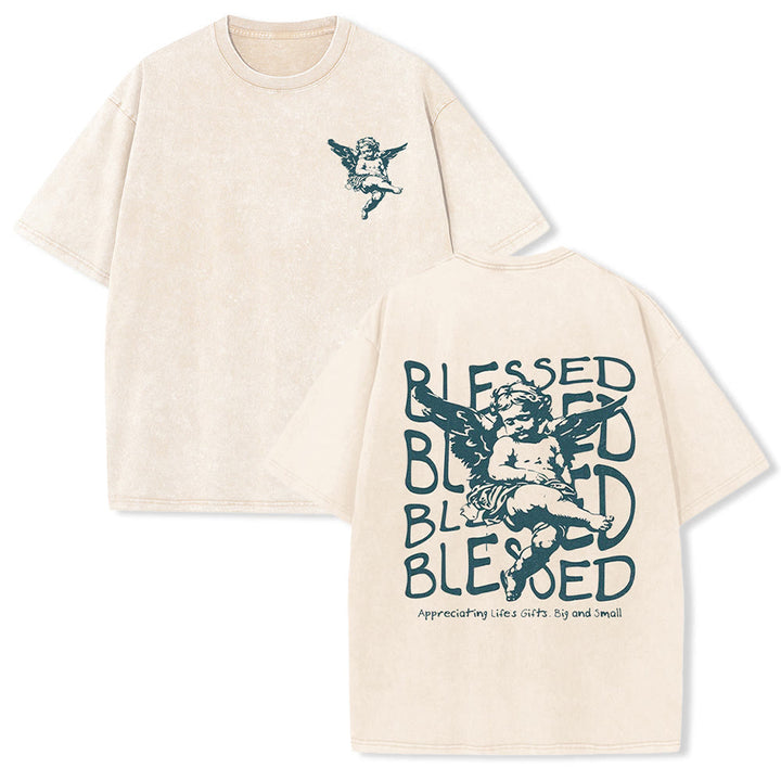Christianartworkshop Inspired Blessed T-Shirt with Cherub Design Unisex Washed T-Shirt - Apricot - 5XL - image 2