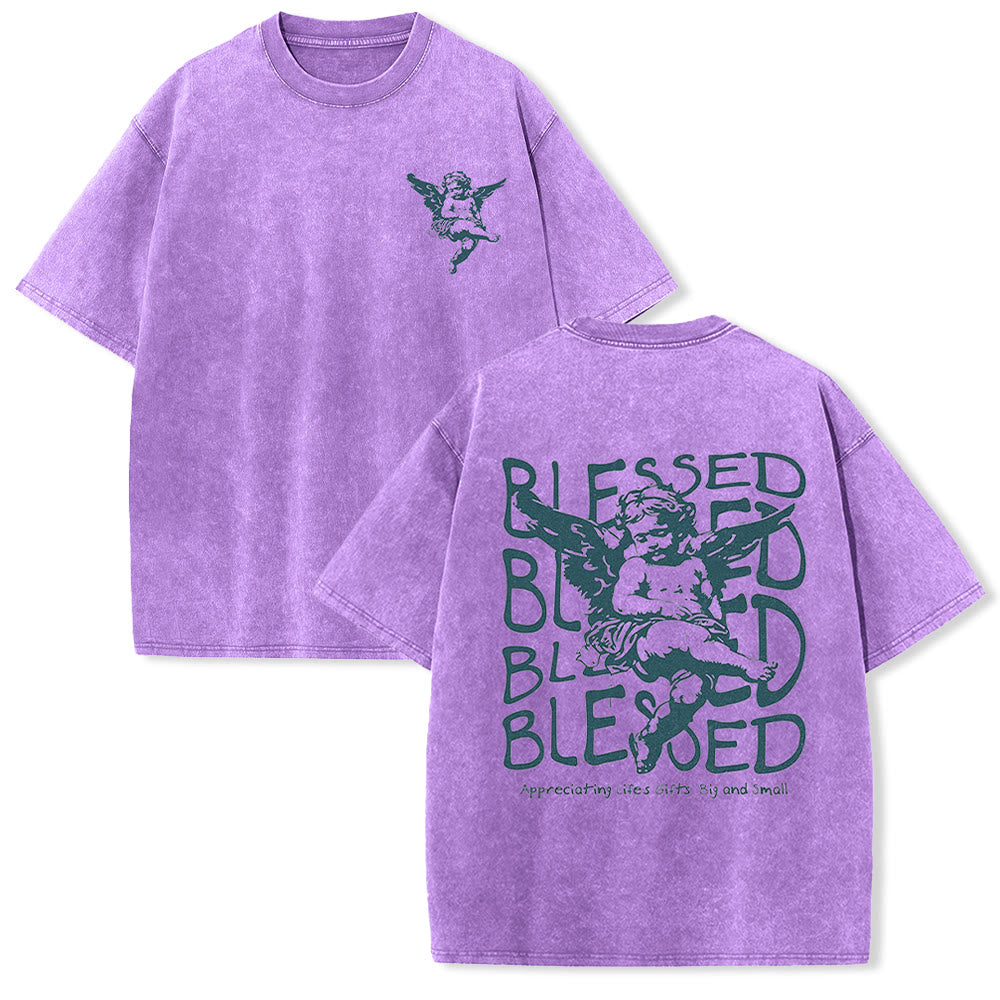 Christianartworkshop Inspired Blessed T-Shirt with Cherub Design Unisex Washed T-Shirt - Purple - 5XL - image 23