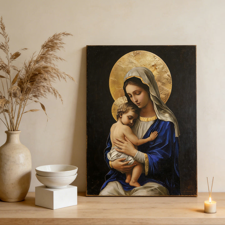 Christianartworkshop Royal Blue Robe Madonna and Child Canvas Print: Embody the Pure Devotion of Mary - Framed Canvas Painting - 13.77"*19.58"*0.7"/35*50*1.8cm - image 0