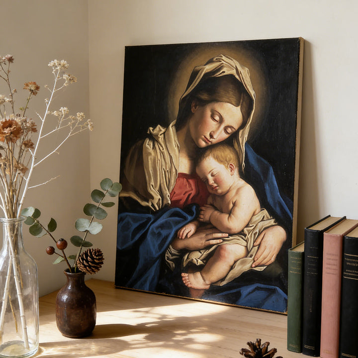 Christianartworkshop Gilded Halo Sleeping Jesus Wall Art Print: Ground Your Faith in the Holy Family’s Intimacy - Framed Canvas Painting - 13.77"*19.58"*0.7"/35*50*1.8cm - image 0