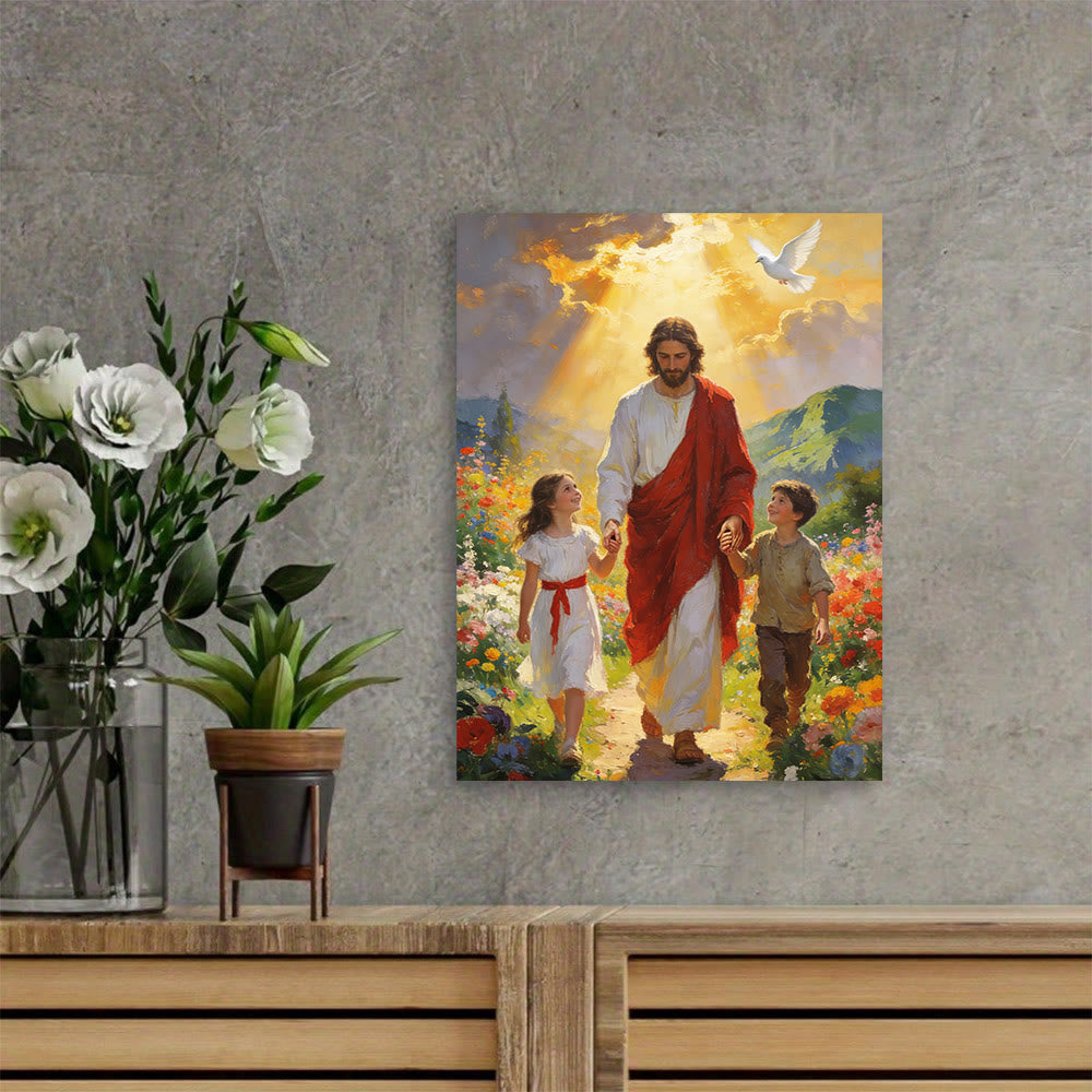 Christianartworkshop Golden Light Jesus Walks with Children Christian Wall Art Print: Embody the Joy of Childlike Faith - Framed Canvas Painting - 13.77"*19.58"*0.7"/35*50*1.8cm - image 0