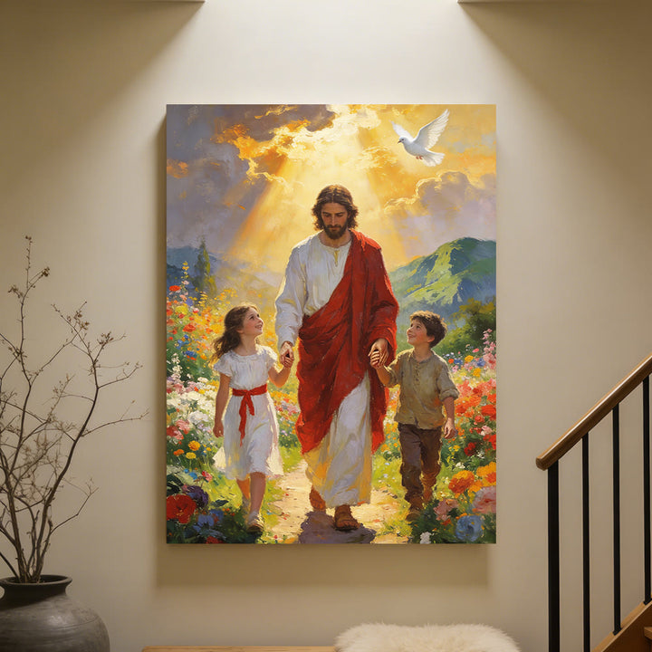 Christianartworkshop Golden Light Jesus Walks with Children Christian Wall Art Print: Embody the Joy of Childlike Faith - image 4