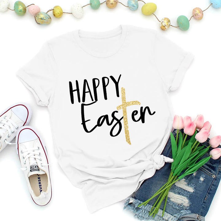 Christianartworkshop Happy Easter Glitter Cross Script Premium T-Shirt - White - 2XL - image 4