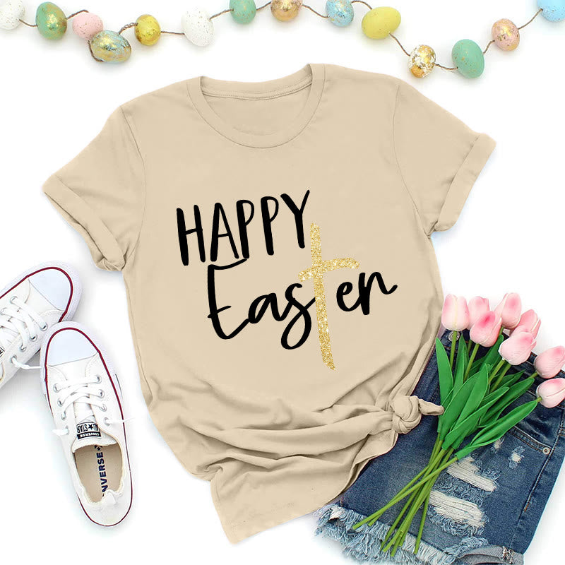 Christianartworkshop Happy Easter Glitter Cross Script Premium T-Shirt - Beige - 2XL - image 1