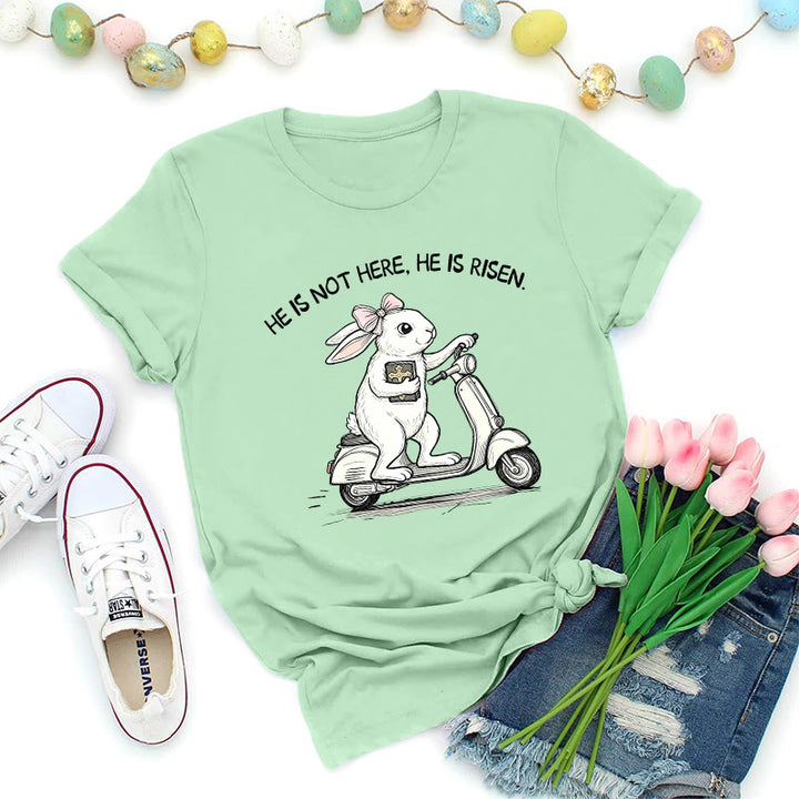 Christianartworkshop He Is Risen Easter Bunny Scooter Premium T-Shirt - Light Green - 2XL - image 1