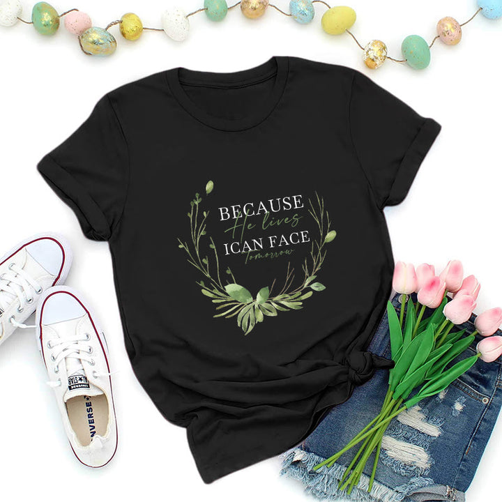 Christianartworkshop Because He Lives Greenery Wreath Premium T-Shirt - Black - 2XL - image 1