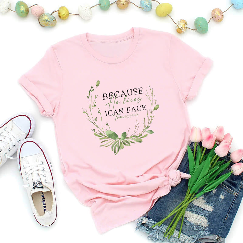 Christianartworkshop Because He Lives Greenery Wreath Premium T-Shirt - Pink - 2XL - image 7