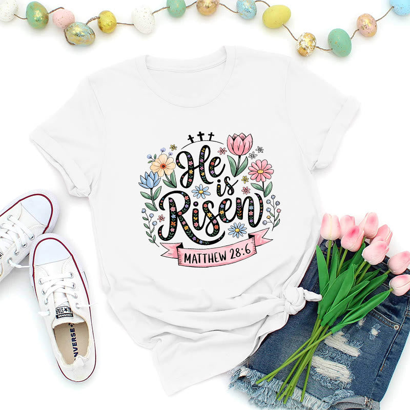 Christianartworkshop Vibrant Floral Wreath He Is Risen T-Shirt - White - 2XL - image 2