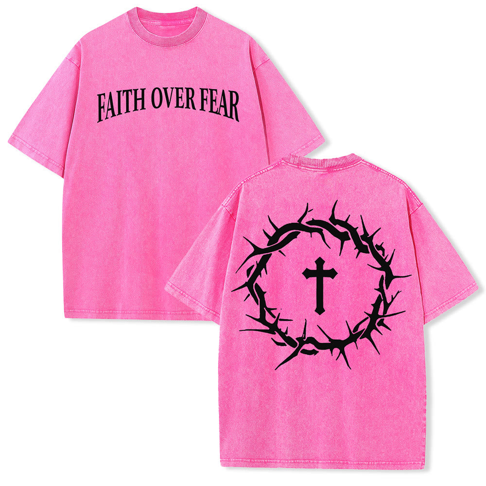 Christianartworkshop Faith Over Fear Thorn Cross Unisex Washed T-Shirt - Pink - 5XL - image 28