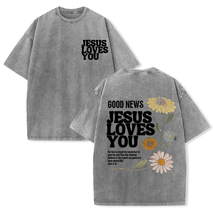 Christianartworkshop Good News Jesus Loves You Unisex Washed T-shirt - Grey - 5XL - image 20
