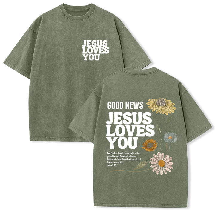 Christianartworkshop Good News Jesus Loves You Unisex Washed T-shirt - Army Green - 5XL - image 17