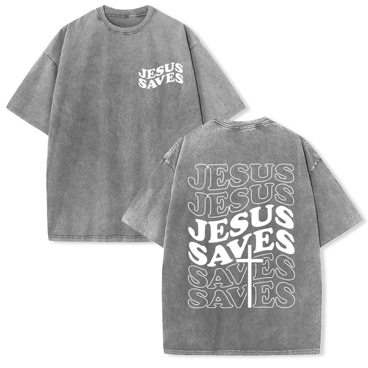 Christianartworkshop Jesus Saves Cross Graphic Unisex Washed T - Shirt - Grey - 5XL - image 2