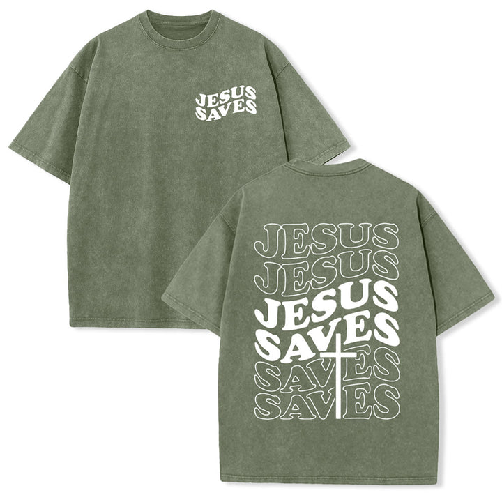 Christianartworkshop Jesus Saves Cross Graphic Unisex Washed T - Shirt - Army Green - 5XL - image 5