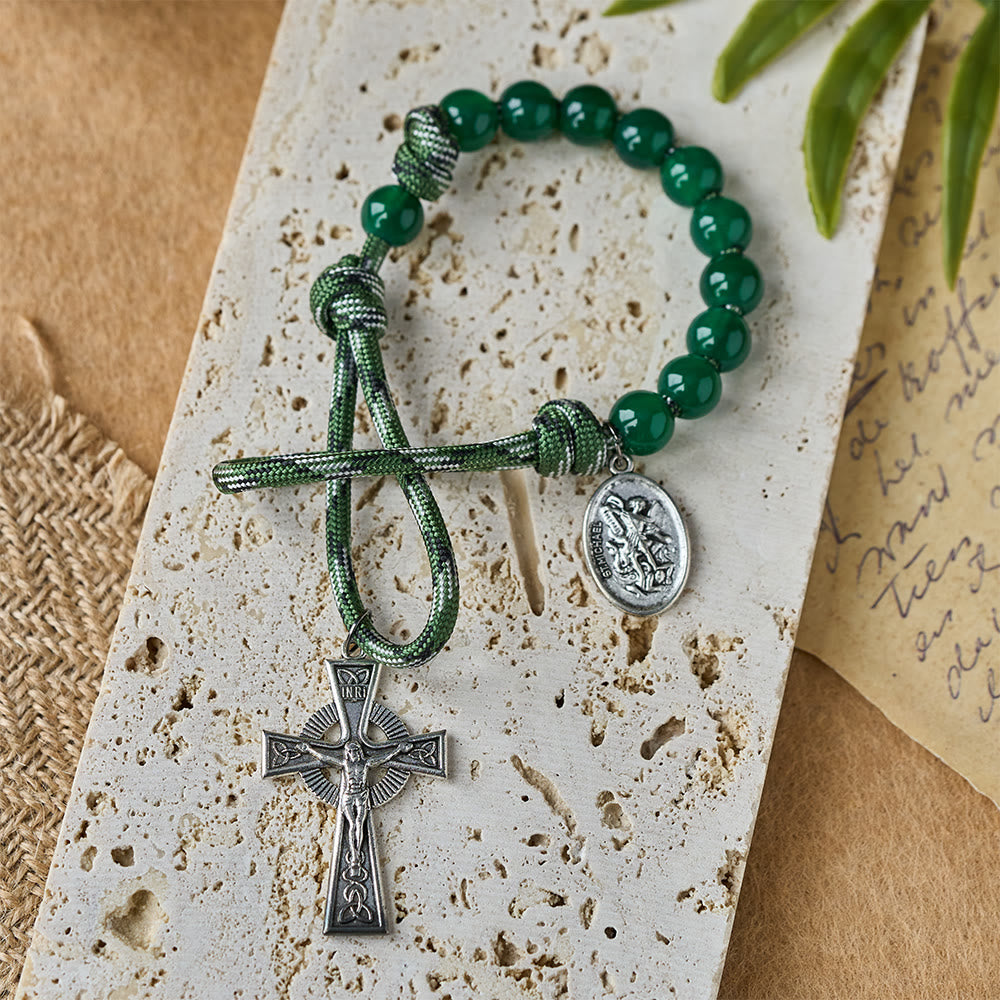 Christianartworkshop Green Aventurine Easter Pocket Rosary with St. Michael Pendant and Celtic Cross - image 1