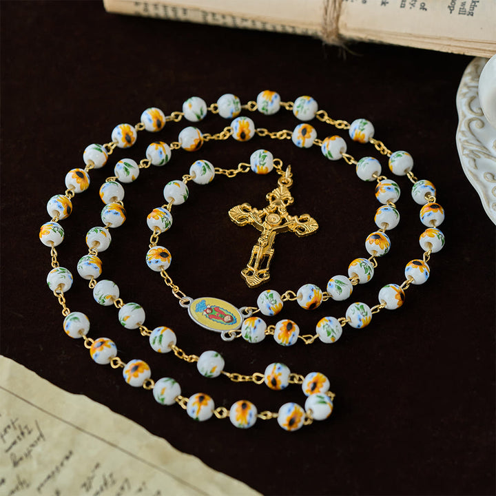 Christianartworkshop Yellow Daisy Easter Rosary with Ceramic Beads & Our Lady Charm - Easter Rosary - image 0