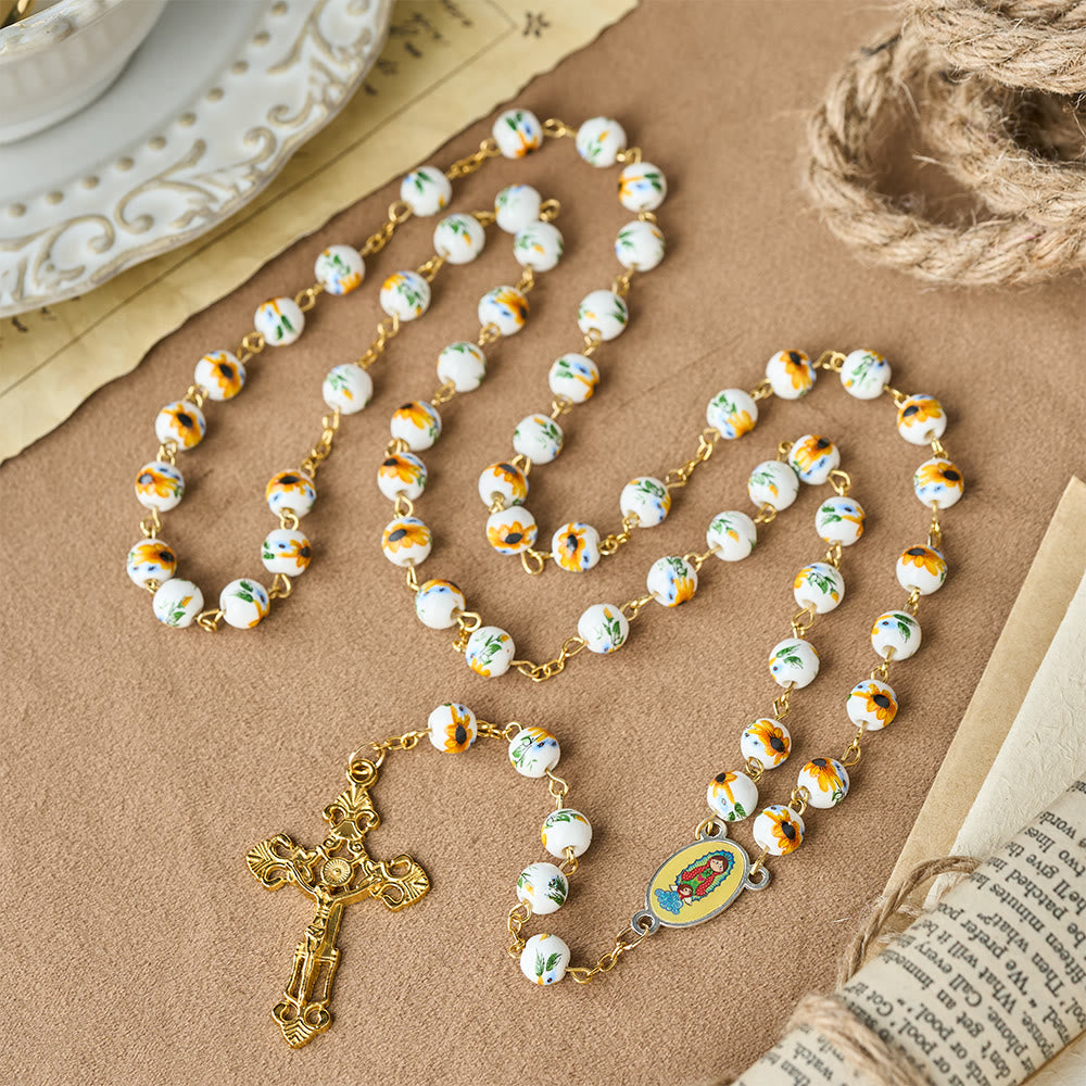 Christianartworkshop Yellow Daisy Easter Rosary with Ceramic Beads & Our Lady Charm - image 1