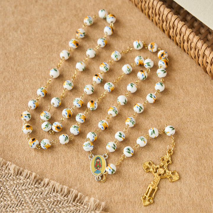 Christianartworkshop Yellow Daisy Easter Rosary with Ceramic Beads & Our Lady Charm - image 2