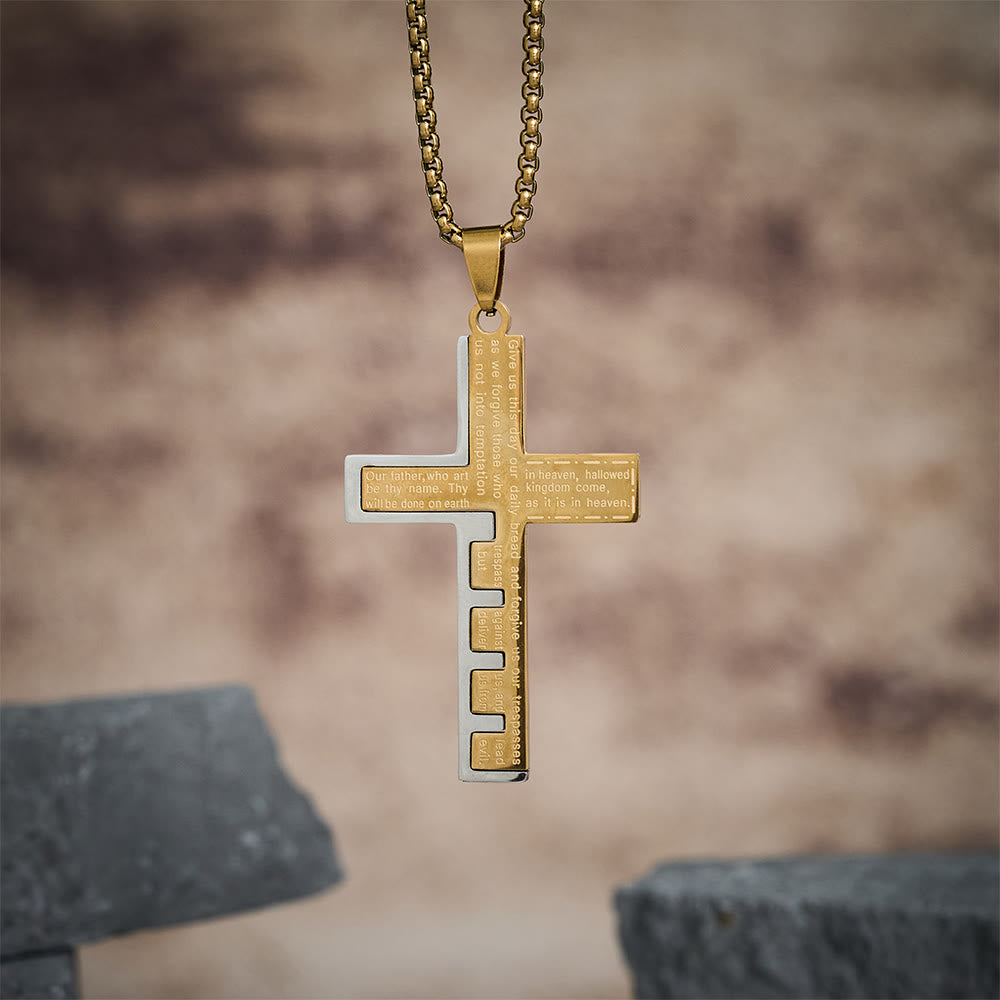 Christianartworkshop Modern Tri-Color Lord's Prayer Cross Necklace: A Timeless Symbol of Holy - Golden - image 0