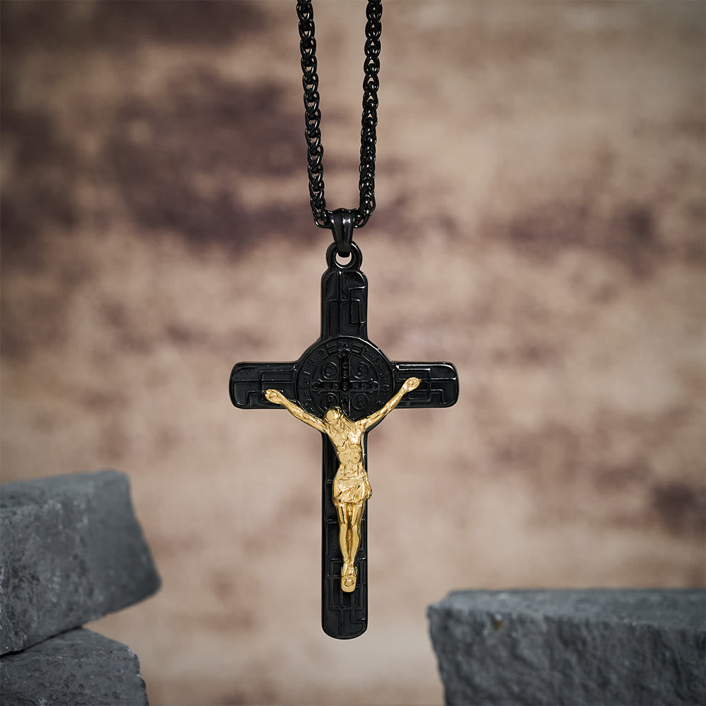 Christianartworkshop Classic Retro Style Crucifix St. Benedict Medal Protection Pendant Necklace - Black-gold - image 6