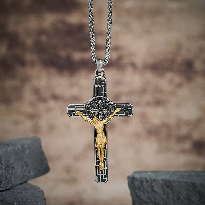 Christianartworkshop Classic Retro Style Crucifix St. Benedict Medal Protection Pendant Necklace - Silver-gold - image 0