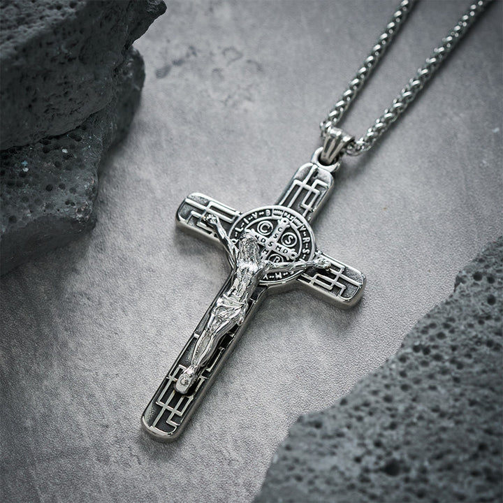 Christianartworkshop Classic Retro Style Crucifix St. Benedict Medal Protection Pendant Necklace - Silver - image 11