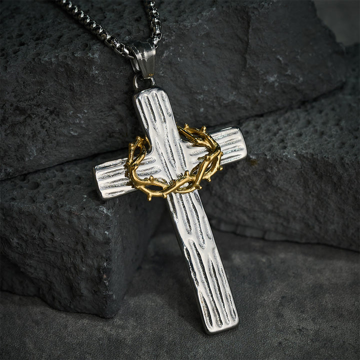 Christianartworkshop Modern Style Jesus Crown Of Thorns Cross Sacred Protection Pendant Necklace - Silver&Gold - image 0