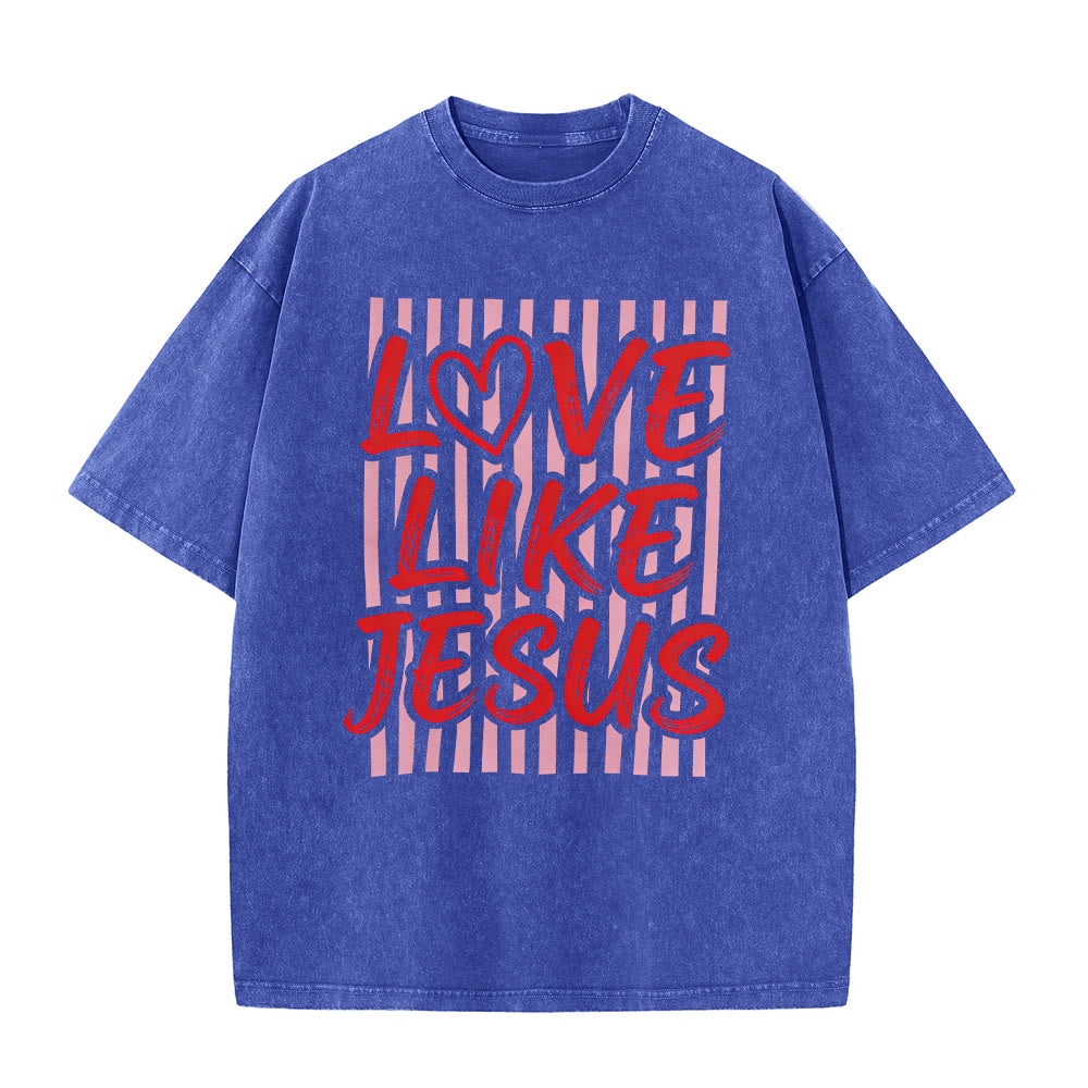 Christianartworkshop Love Like Jesus Heart Letter Stripe Background Unisex Washed T-shirt - Blue - 5XL - image 1