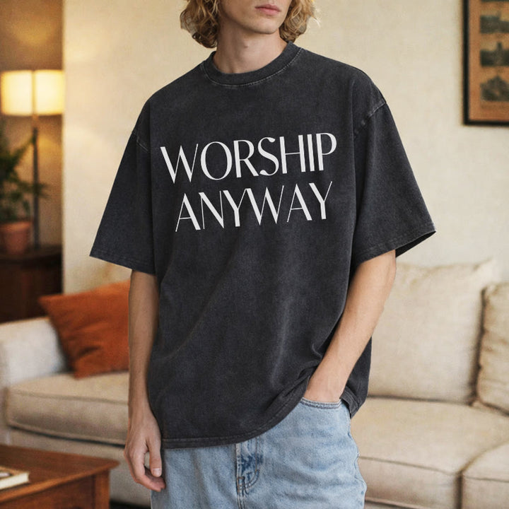 Christianartworkshop Worship Anyway Bold Serif Lettering Unisex Washed T-shirt - image 5
