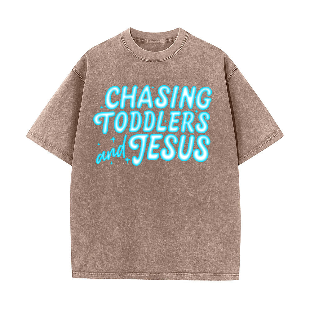 Christianartworkshop Chasing Toddlers and Jesus Bubble Letter Star Accent Unisex Washed T-shirt - Brown - 5XL - image 0