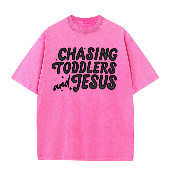 Christianartworkshop Chasing Toddlers and Jesus Bubble Letter Star Accent Unisex Washed T-shirt - Pink - 5XL - image 2