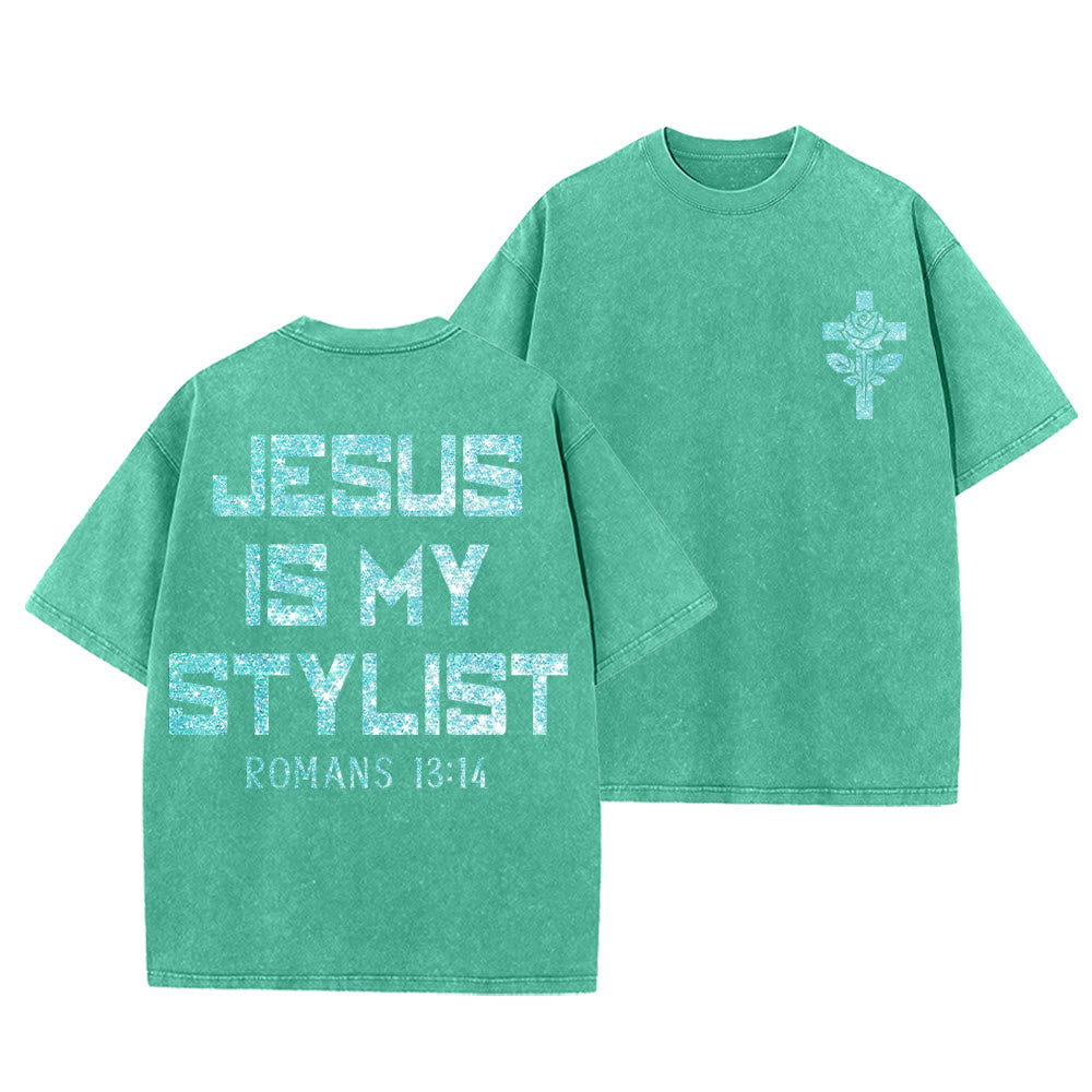 Christianartworkshop Jesus Is My Stylist Romans 13:14 Glitter Letter Rose Cross Unisex Washed T-shirt - Green - 5XL - image 0