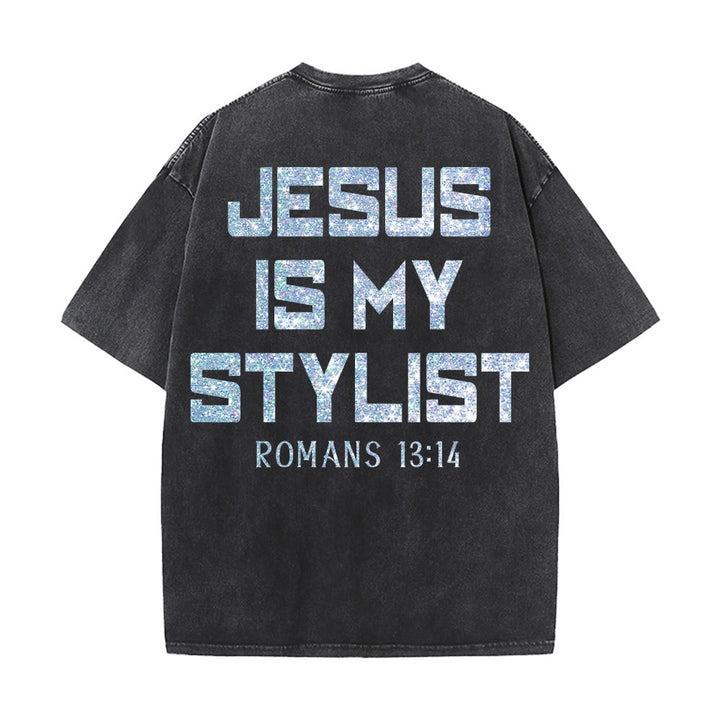 Christianartworkshop Jesus Is My Stylist Romans 13:14 Glitter Letter Rose Cross Unisex Washed T-shirt - image 23
