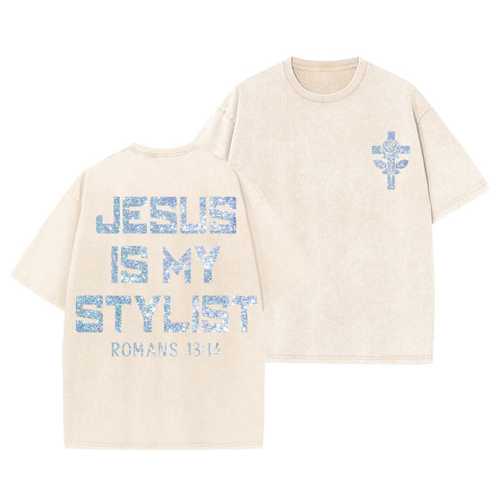 Christianartworkshop Jesus Is My Stylist Romans 13:14 Glitter Letter Rose Cross Unisex Washed T-shirt - Beige - 5XL - image 6
