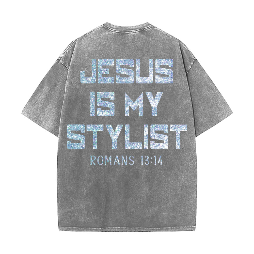 Christianartworkshop Jesus Is My Stylist Romans 13:14 Glitter Letter Rose Cross Unisex Washed T-shirt - image 20