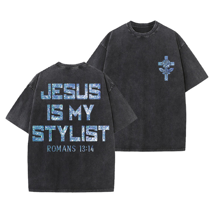 Christianartworkshop Jesus Is My Stylist Romans 13:14 Glitter Letter Rose Cross Unisex Washed T-shirt - Black - 5XL - image 21