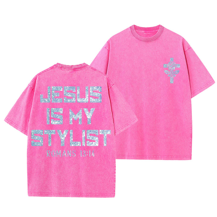 Christianartworkshop Jesus Is My Stylist Romans 13:14 Glitter Letter Rose Cross Unisex Washed T-shirt - Pink - 5XL - image 9