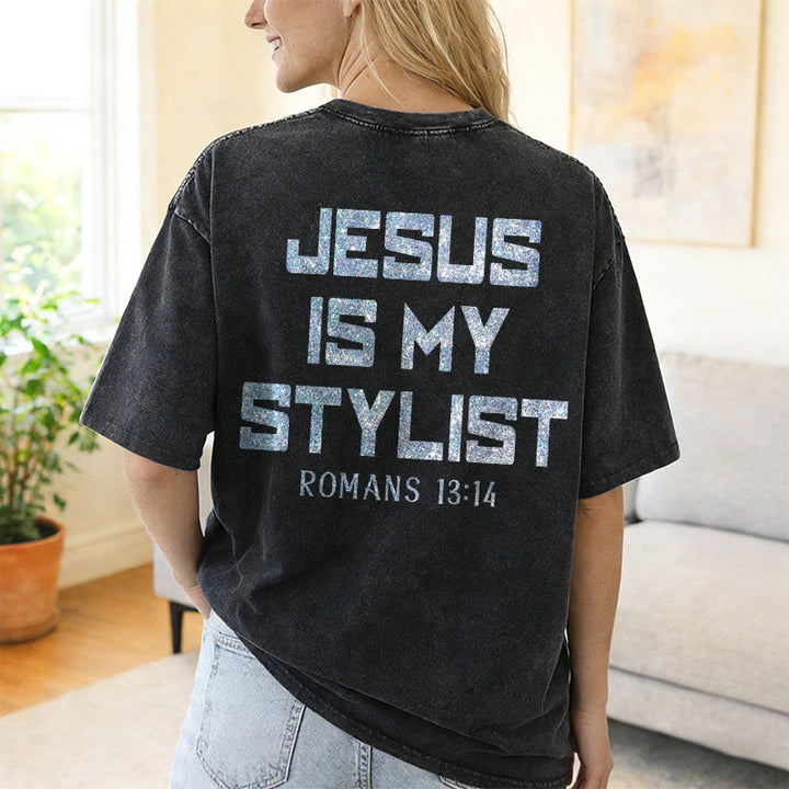 Christianartworkshop Jesus Is My Stylist Romans 13:14 Glitter Letter Rose Cross Unisex Washed T-shirt - image 25