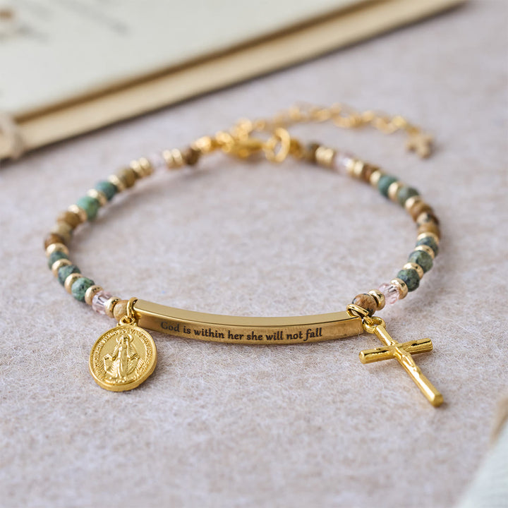 Christianartworkshop Natural African Turquoise Psalm 46:5 Bracelet: Engraved Bar & Stone Bead Design - Golden - image 0