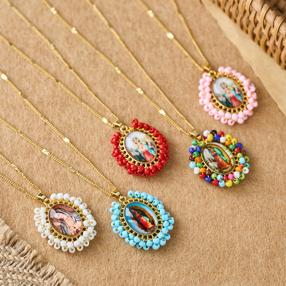 FREE Today: Marian Icon Beaded Oval Pendant Necklace: A Token of Virgin Mary Devotion - image 1