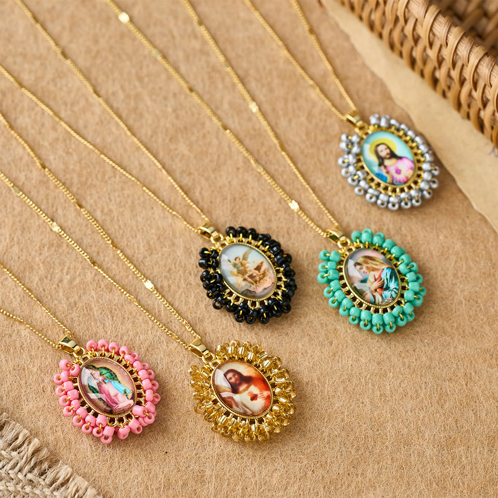 FREE Today: Marian Icon Beaded Oval Pendant Necklace: A Token of Virgin Mary Devotion - image 0