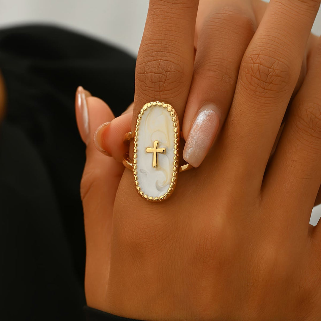 Christianartworkshop Cross Accent Marbled Stone Double-Band Ring: A Symbol of Subtle Faith & Style - image 2