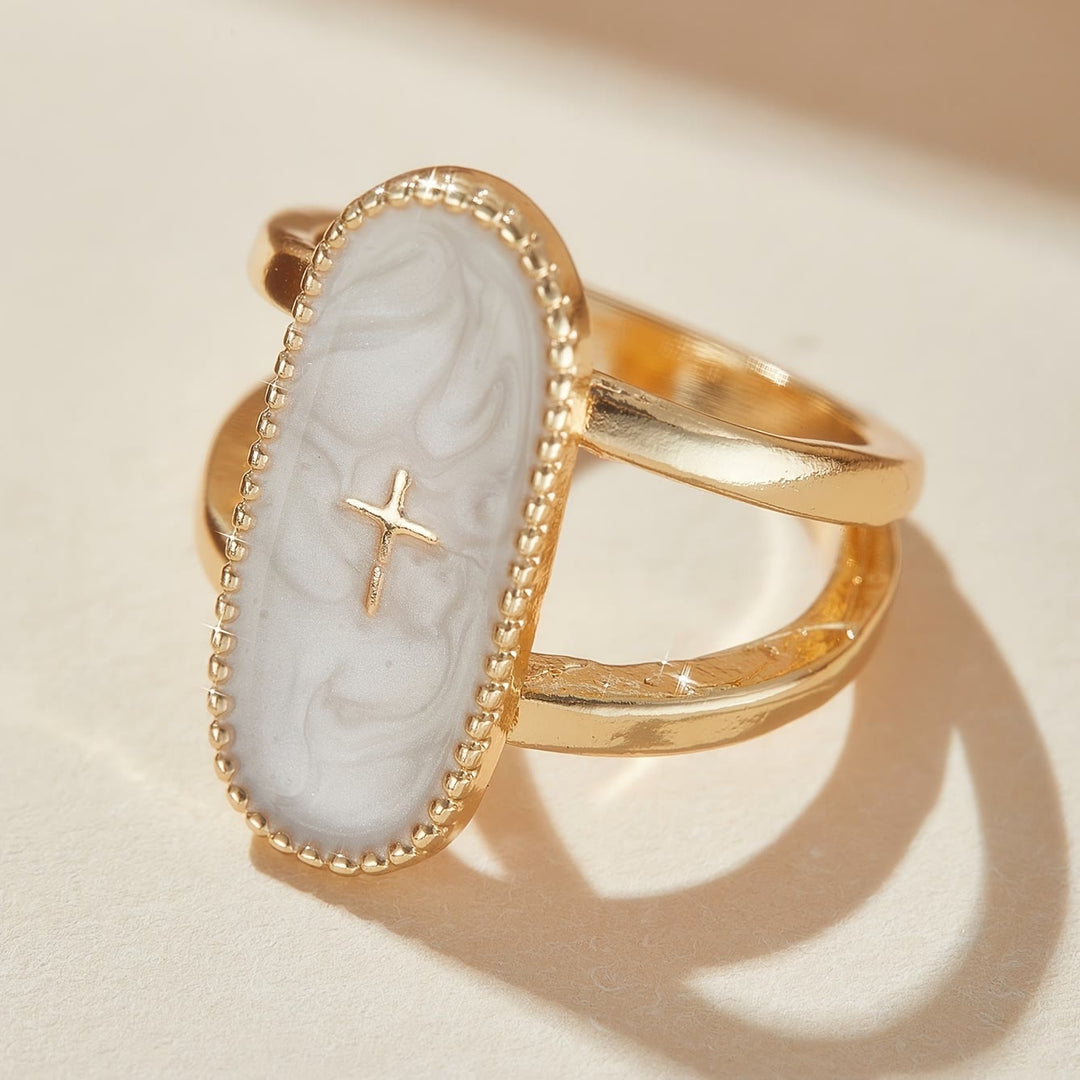 Christianartworkshop Cross Accent Marbled Stone Double-Band Ring: A Symbol of Subtle Faith & Style - White(Suitable for US 7 - US 10) - image 0