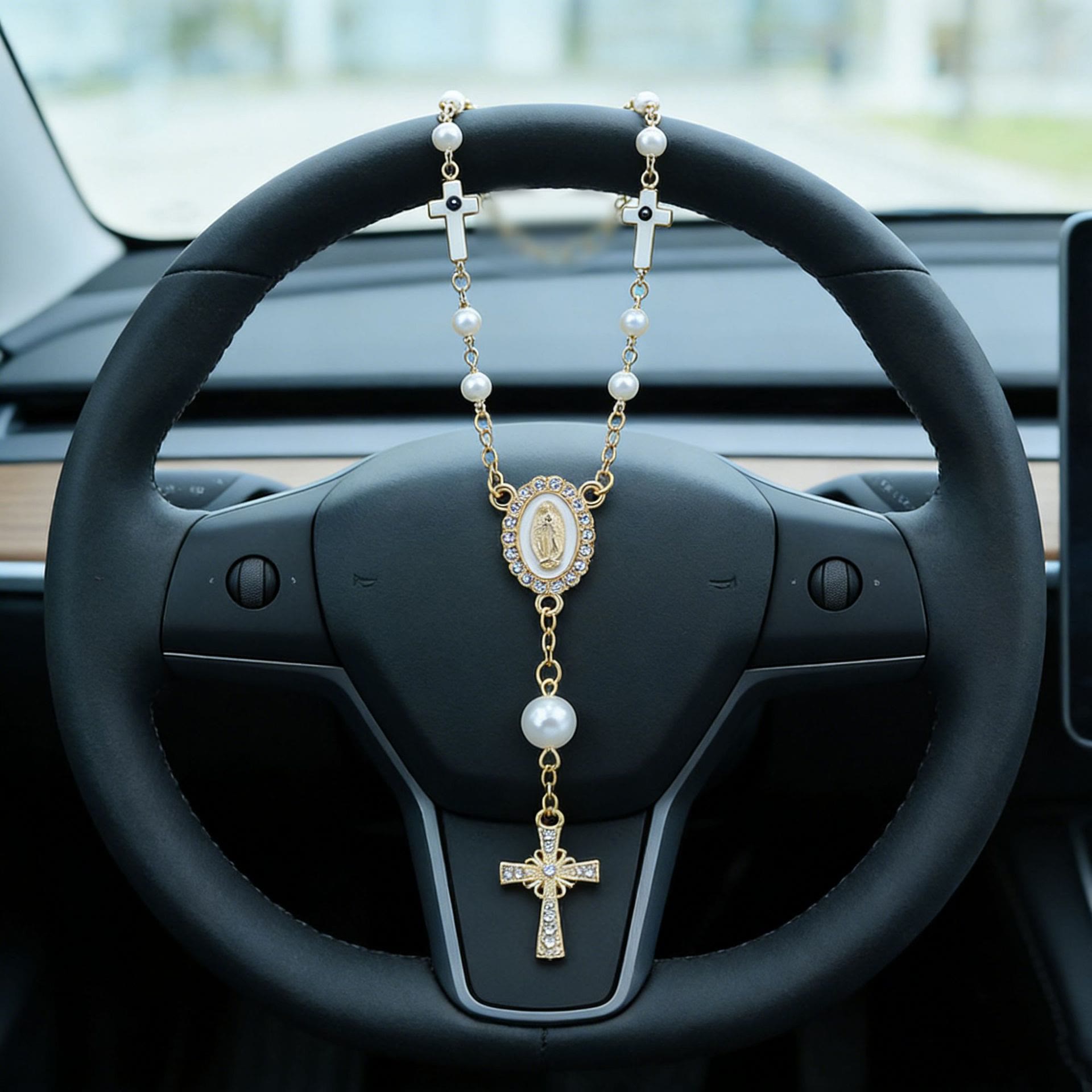 Virgin Mary Car Pendant with Cross & Pearls — Christian Jewelry