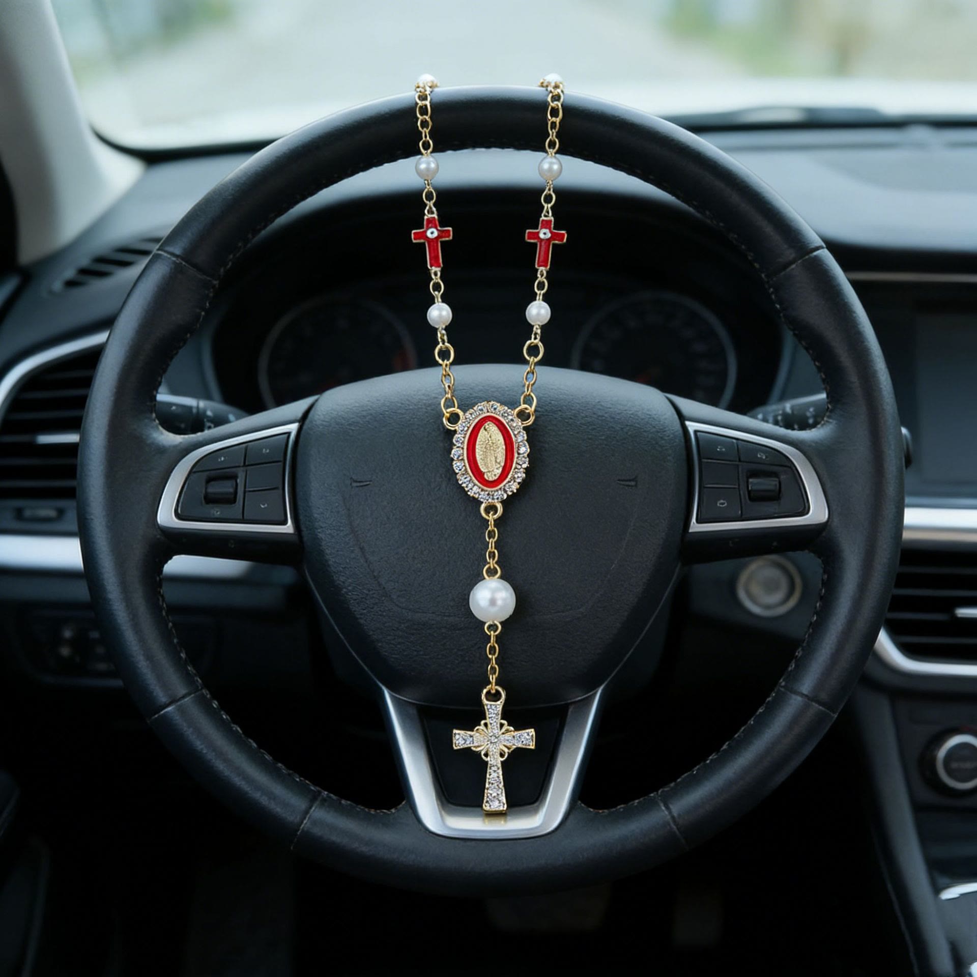 Virgin Mary Car Pendant with Cross & Pearls — Christian Jewelry