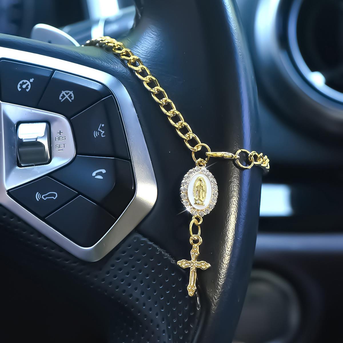 Virgin Mary Car Pendant with Cross & Pearls — Christian Jewelry