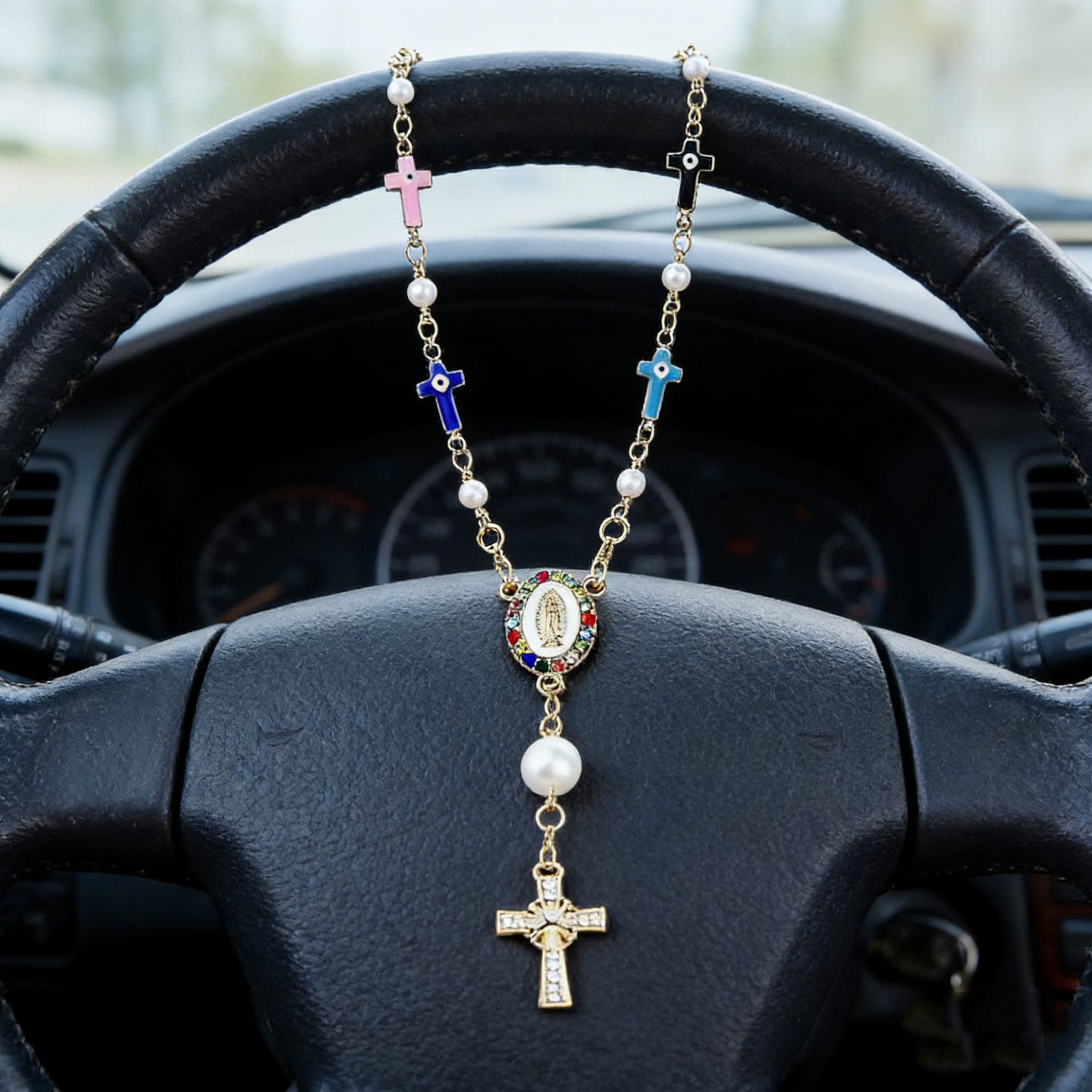 Virgin Mary Car Pendant with Cross & Pearls — Christian Jewelry