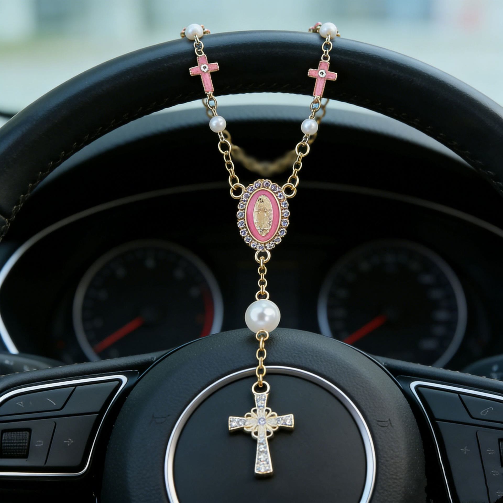 Virgin Mary Car Pendant with Cross & Pearls — Christian Jewelry