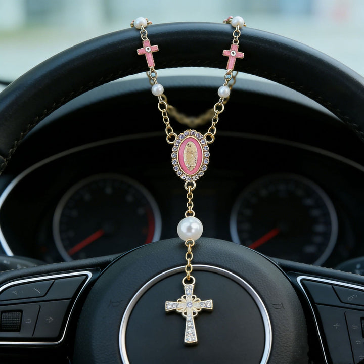 Christianartworkshop Virgin Mary Icon Cross Pearl Car Pendant: A Symbol of Safe Travels & Faith - Pink - image 5