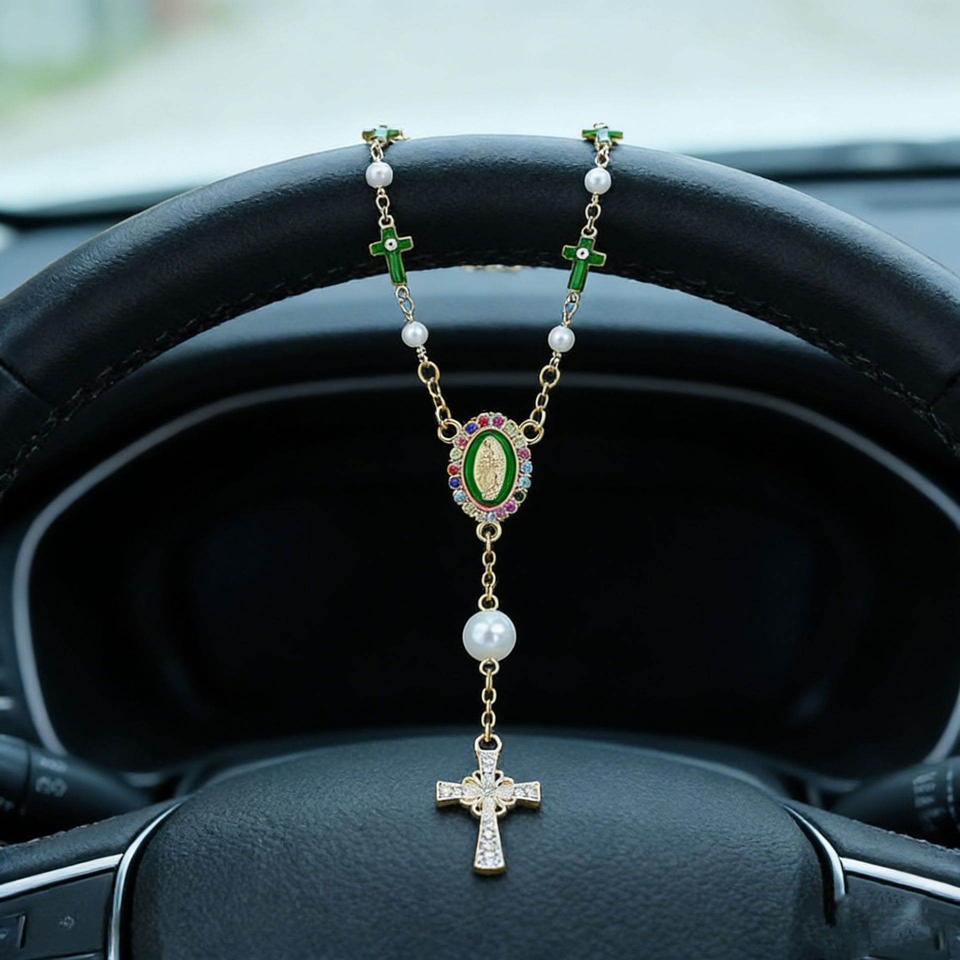 アクセサリー Maririn Virgin Mary Car Pendant with Cross & Pearls — Christian Jewelry